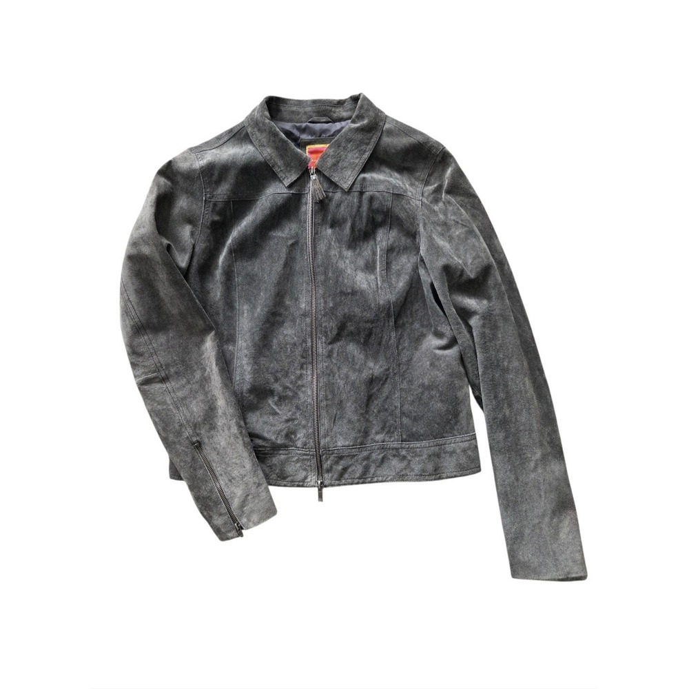 Isaac Mizrahi Target Genuine Leather Jacket Gray Moto Full Zip Cuffs Womens L